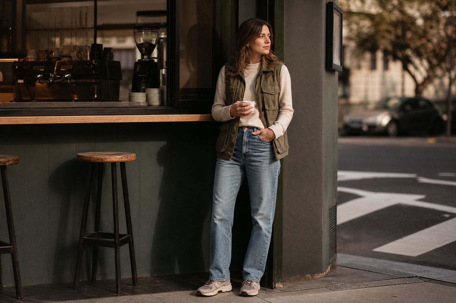 Woman in olive utility vest and cream crewneck at a street-corner espresso bar, wearing straight-leg jeans and trail runners