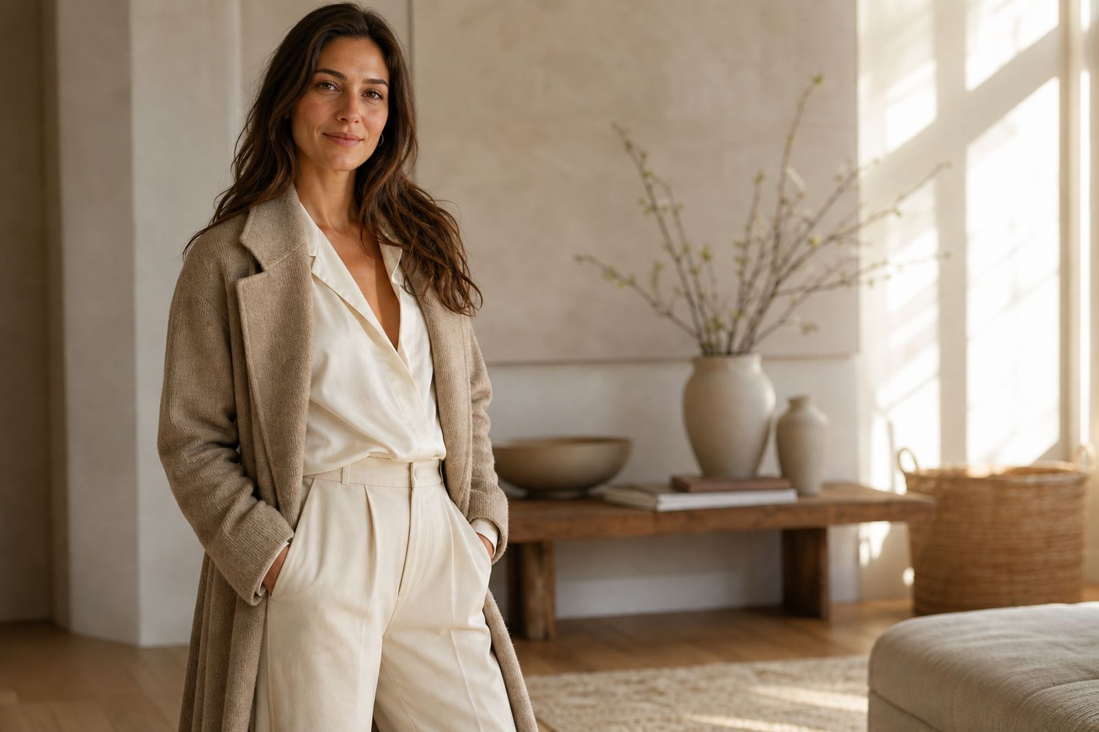 Curated flat-lay of vegan skincare products on warm linen with natural light
