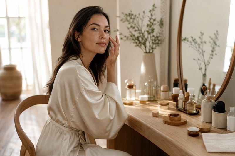Woman applying clean beauty serum primer at a sunlit minimalist vanity with glass bottles and bamboo compacts