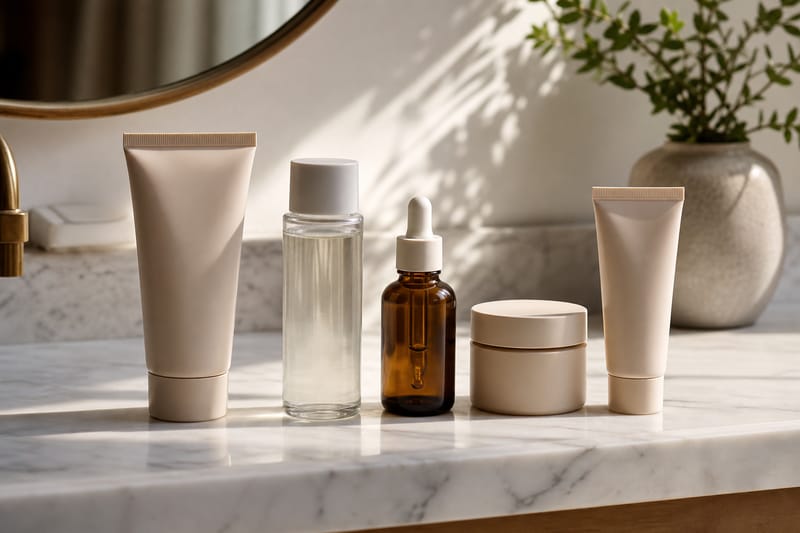 Woman applying skincare serum at a sunlit marble bathroom counter with minimalist product bottles arranged in sequence