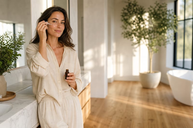 Woman applying natural facial serum in a sunlit bathroom with white marble countertops and green plants