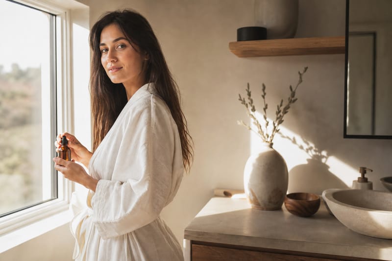 Woman in white linen at sunlit bathroom window holding glass skincare bottle, organic skincare guide