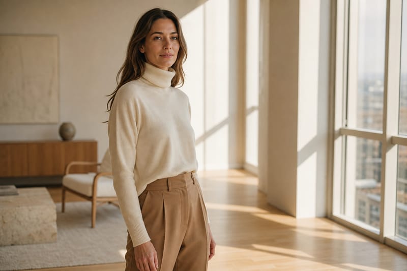 Woman in cream cashmere turtleneck and tailored camel trousers in sunlit minimalist apartment