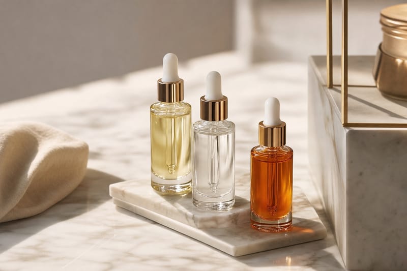 Luxury skincare products arranged elegantly on marble surface