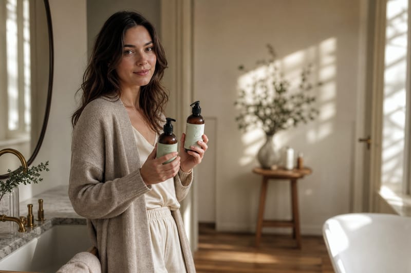 Woman holding a glass serum bottle in a white bathroom with marble counter, soft morning light — vegan certified beauty products