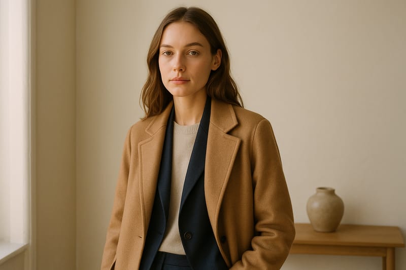 Curated wardrobe essentials hanging on a minimalist clothing rack — camel coat, navy jacket, cream top, and dark denim